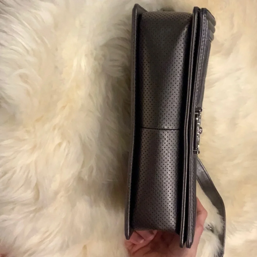CHANEL Metallic Gray Quilted Boy Bag with Chain Strap